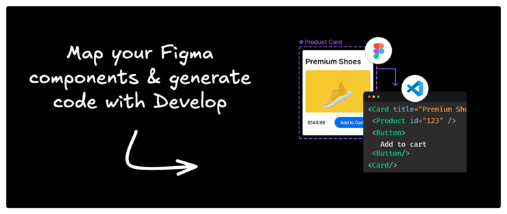 Map your Figma components and generate code with develop. Includes an image of a Figma component and some code.