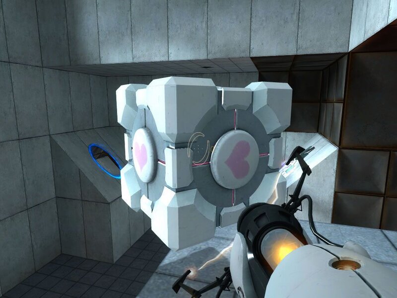 A first person view of the protagonist from the video game "Portal" carrying the Companion Cube.