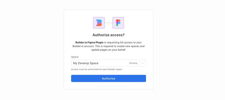 Builder Figma plugin authentication portal, which requires the selection of a Develop space.