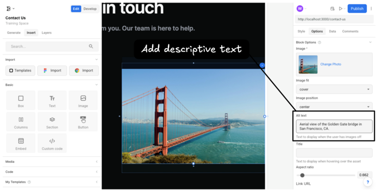 Image of where alt text is in the Image Edit dialogue. A note reads "Alt-text is here" with an arrow pointing to a field labeled alt text where you can enter alt text for the image.